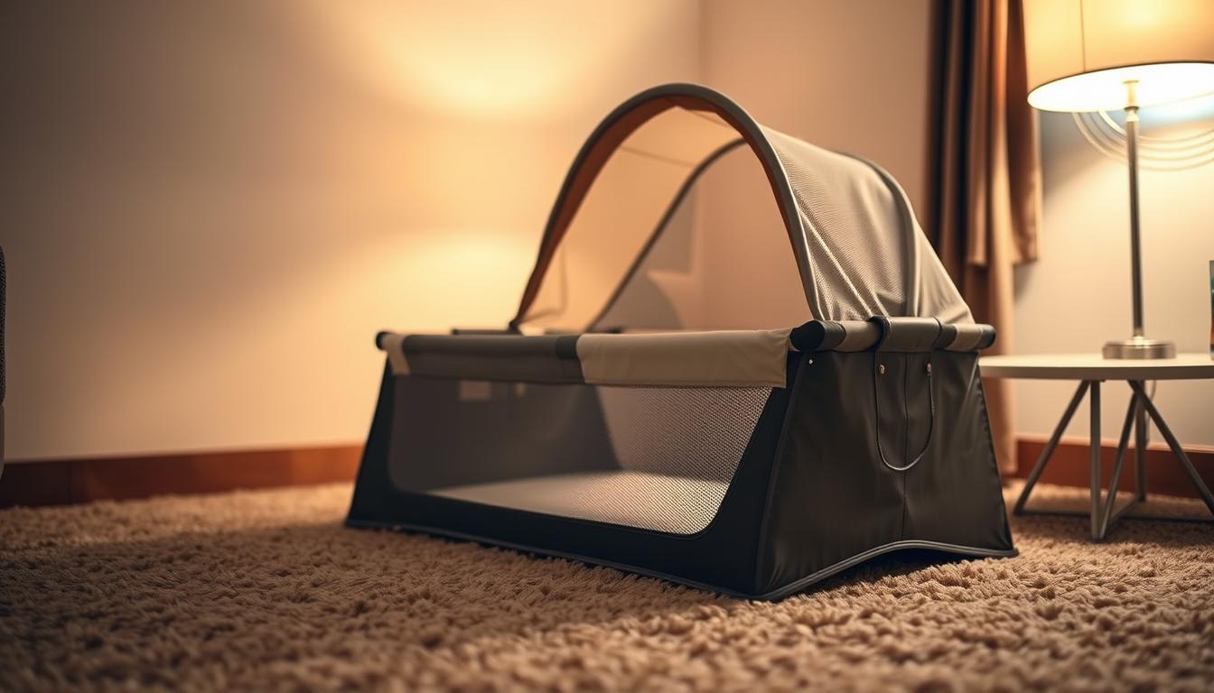 portable crib improvised in carry-on luggage